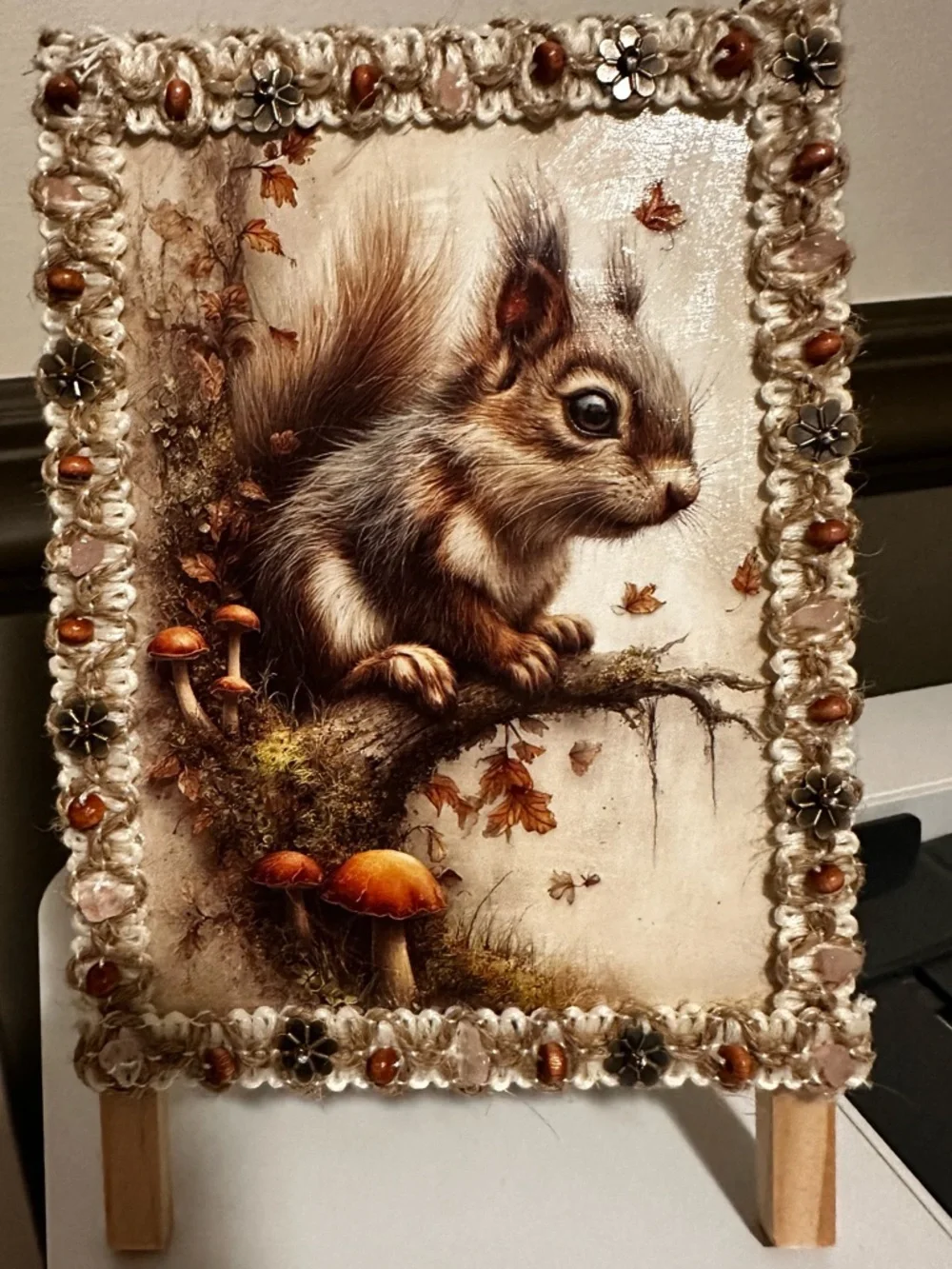 Hand Crafted Autumn Squirrel on wood easel in Brown and Cream